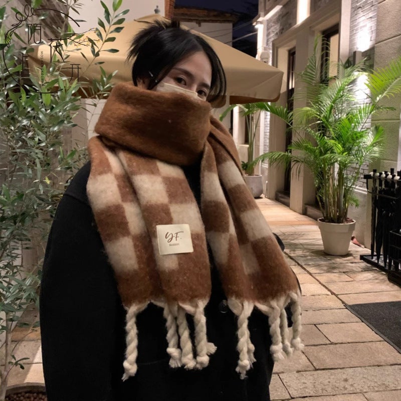 Chessboard Plaid Scarf Mohair Women'S Imitation Cashmere High-End Winter Soft Waxy Warm Tassel Shawl Neck Fashion - Image 3